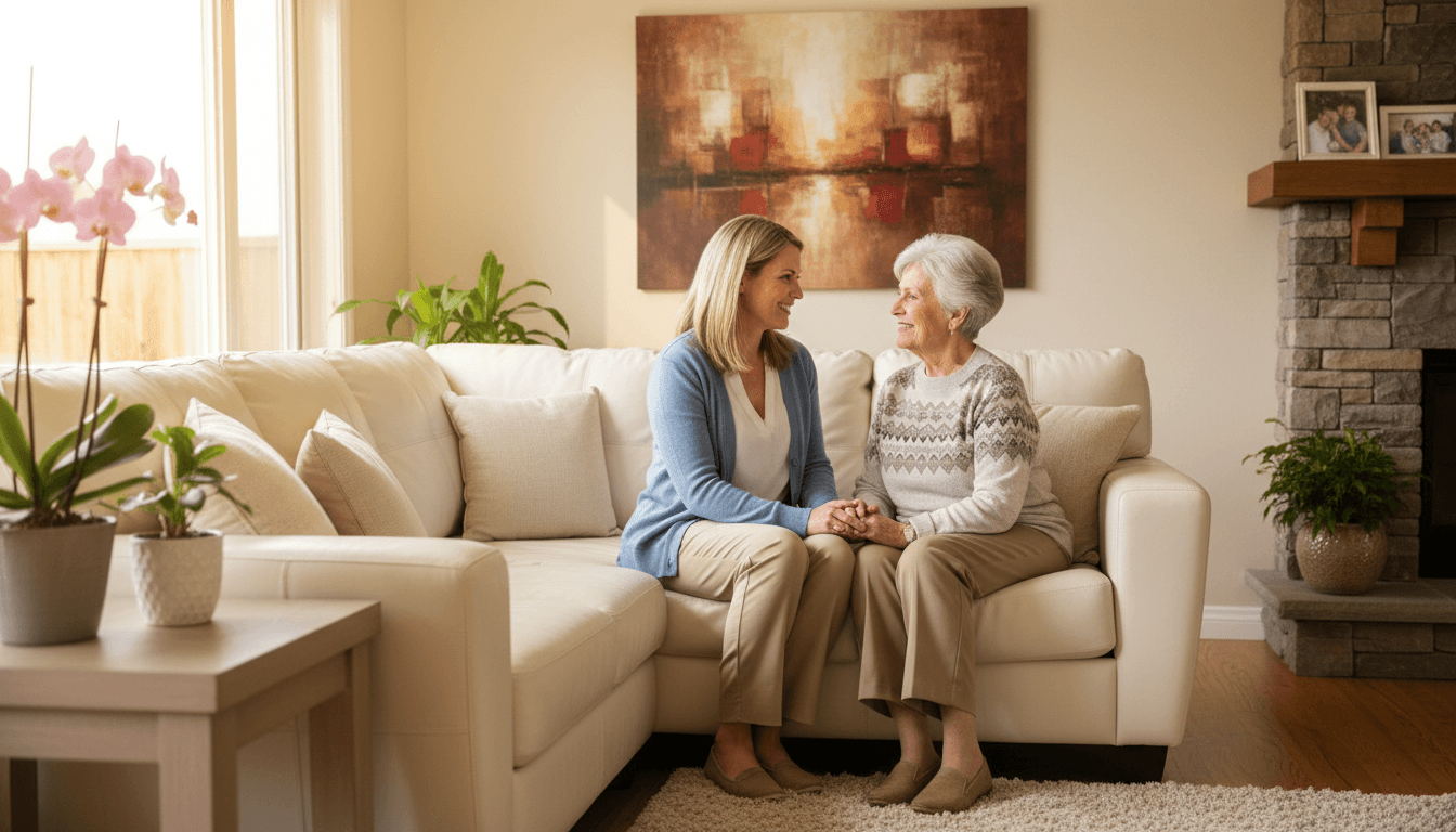 Caregiver sitting with a senior woman on a couch in a bright living room, having a warm conversation